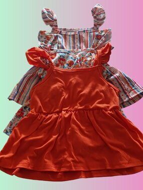 Girls’ 3‑Pack Top/Shorts Bundle – Orange, Floral, Striped NWOT